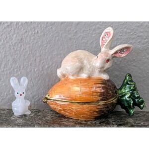 Rabbit with Carrot Trinket Box Enamel Crystal Embellished 2" White Bunny Easter